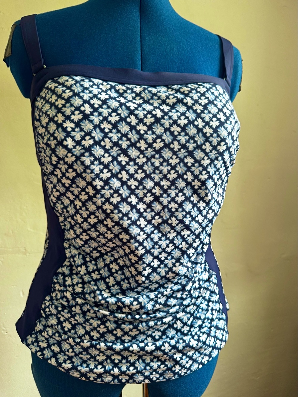 Lands' End Navy Print Bandeau Tankini Swim Top with bra, adjustable wide straps